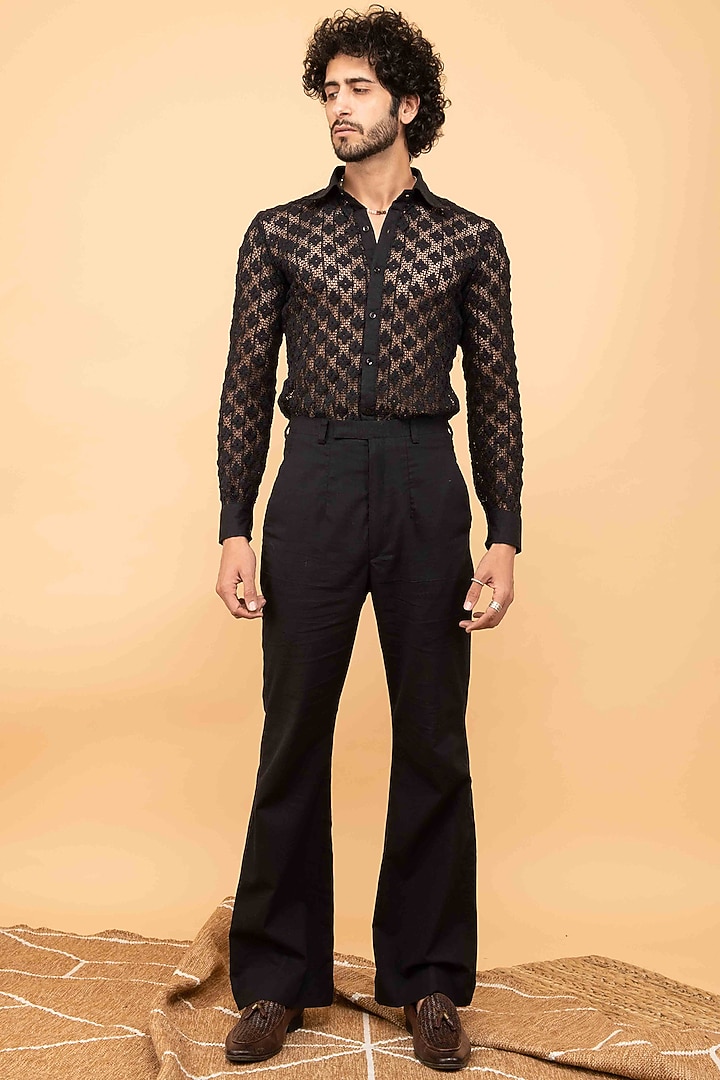 Black Cotton Crochet Party Wear Shirt by Kalakaari By Sagarika Men at Pernia's Pop Up Shop