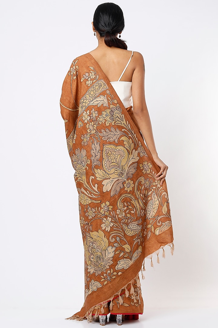 Brown Hand-Painted Kalamkari Wedding Saree Set by Kasturi Kundal at Pernia's Pop Up Shop