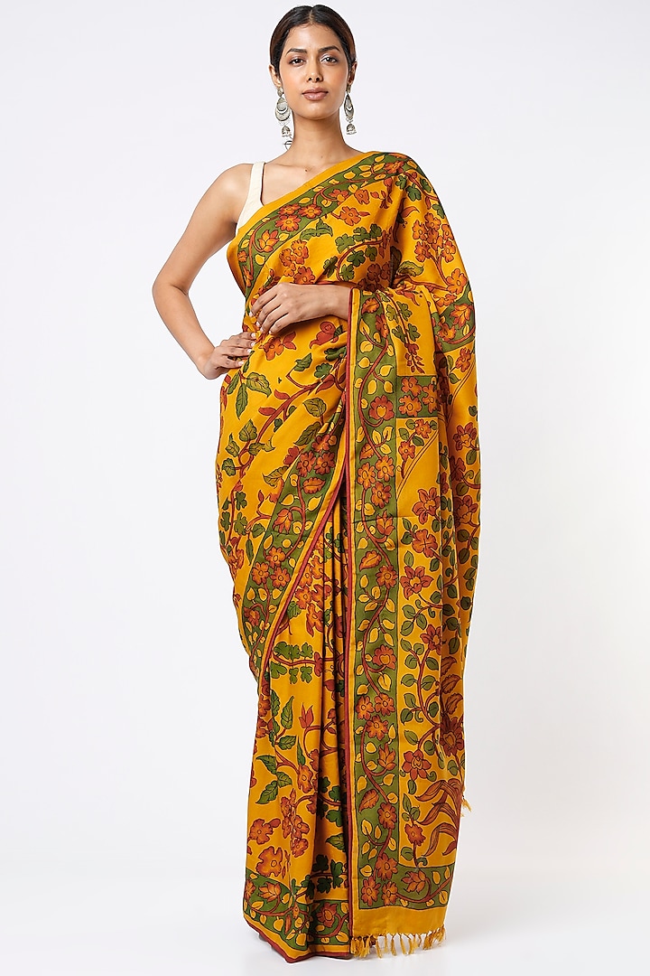 Yellow Pure Handloom Kanjivaram Silk Zari Work Kalamkari Saree Set by Kasturi Kundal
