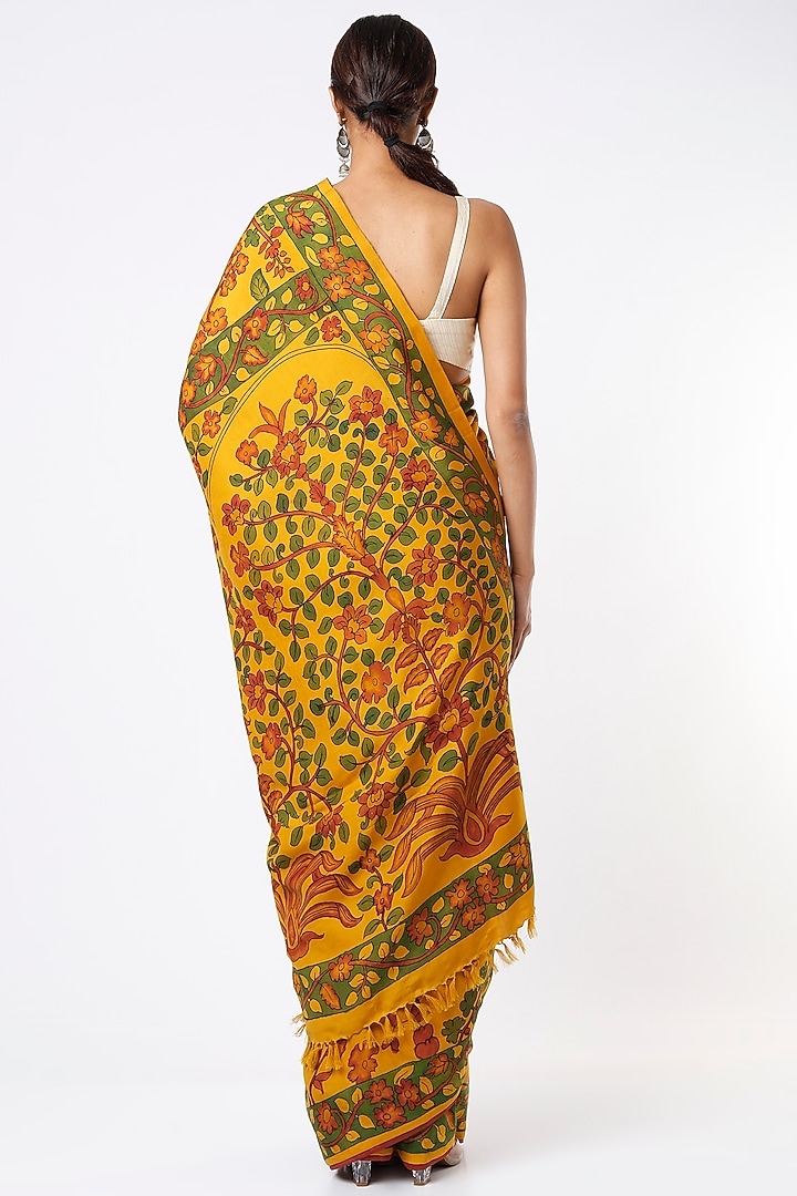 Yellow Pure Handloom Kanjivaram Silk Zari Work Kalamkari Wedding Saree Set by Kasturi Kundal at Pernia's Pop Up Shop