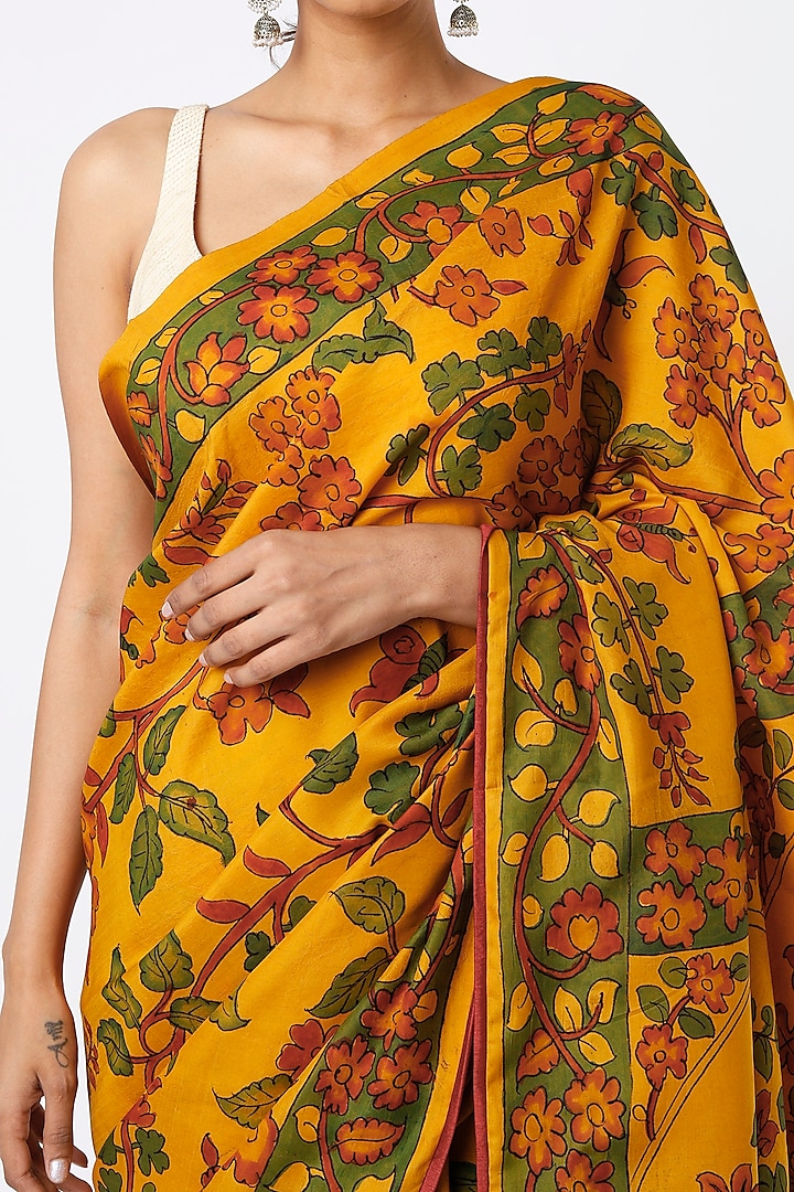 Yellow Pure Handloom Kanjivaram Silk Zari Work Kalamkari Wedding Saree Set by Kasturi Kundal at Pernia's Pop Up Shop