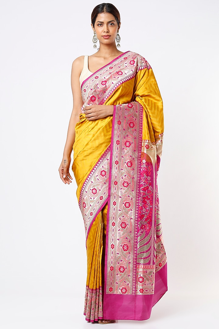 Yellow & Pink Pure Handloom Banarasi Silk Zari Work Wedding Saree Set by Kasturi Kundal at Pernia's Pop Up Shop