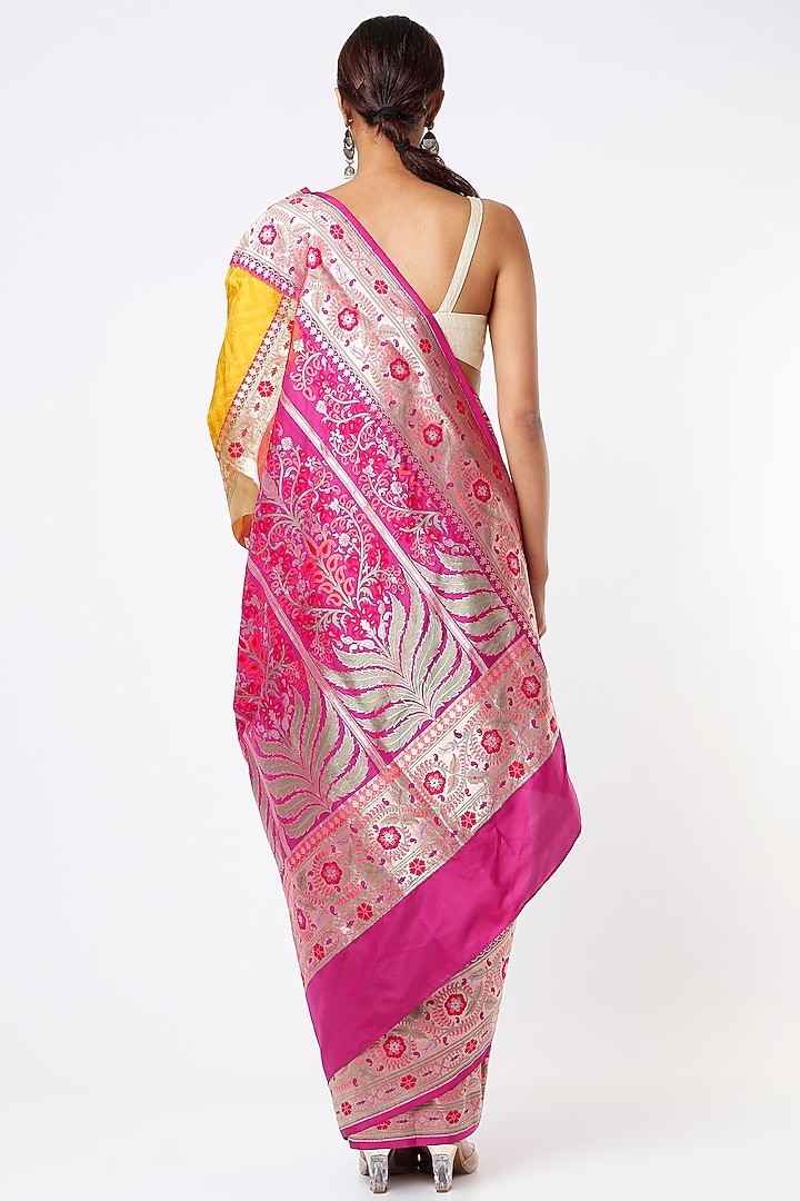 Yellow & Pink Pure Handloom Banarasi Silk Zari Work Wedding Saree Set by Kasturi Kundal at Pernia's Pop Up Shop