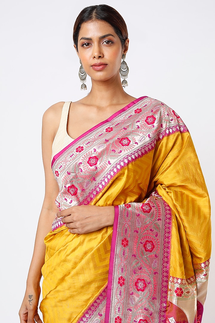 Yellow & Pink Pure Handloom Banarasi Silk Zari Work Wedding Saree Set by Kasturi Kundal at Pernia's Pop Up Shop