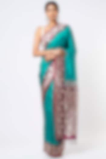 Turquoise Handloom Pure Banarasi Silk Saree Set by Kasturi Kundal