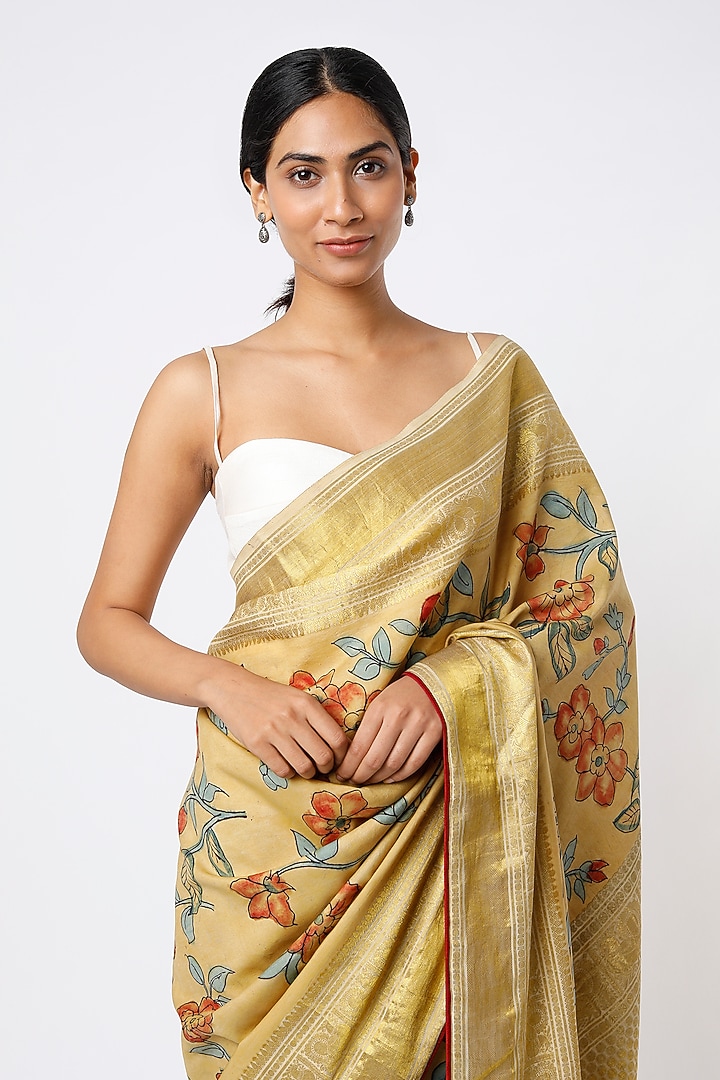 Yellow Hand Painted Kalamkari Wedding Saree Set by Kasturi Kundal at Pernia's Pop Up Shop