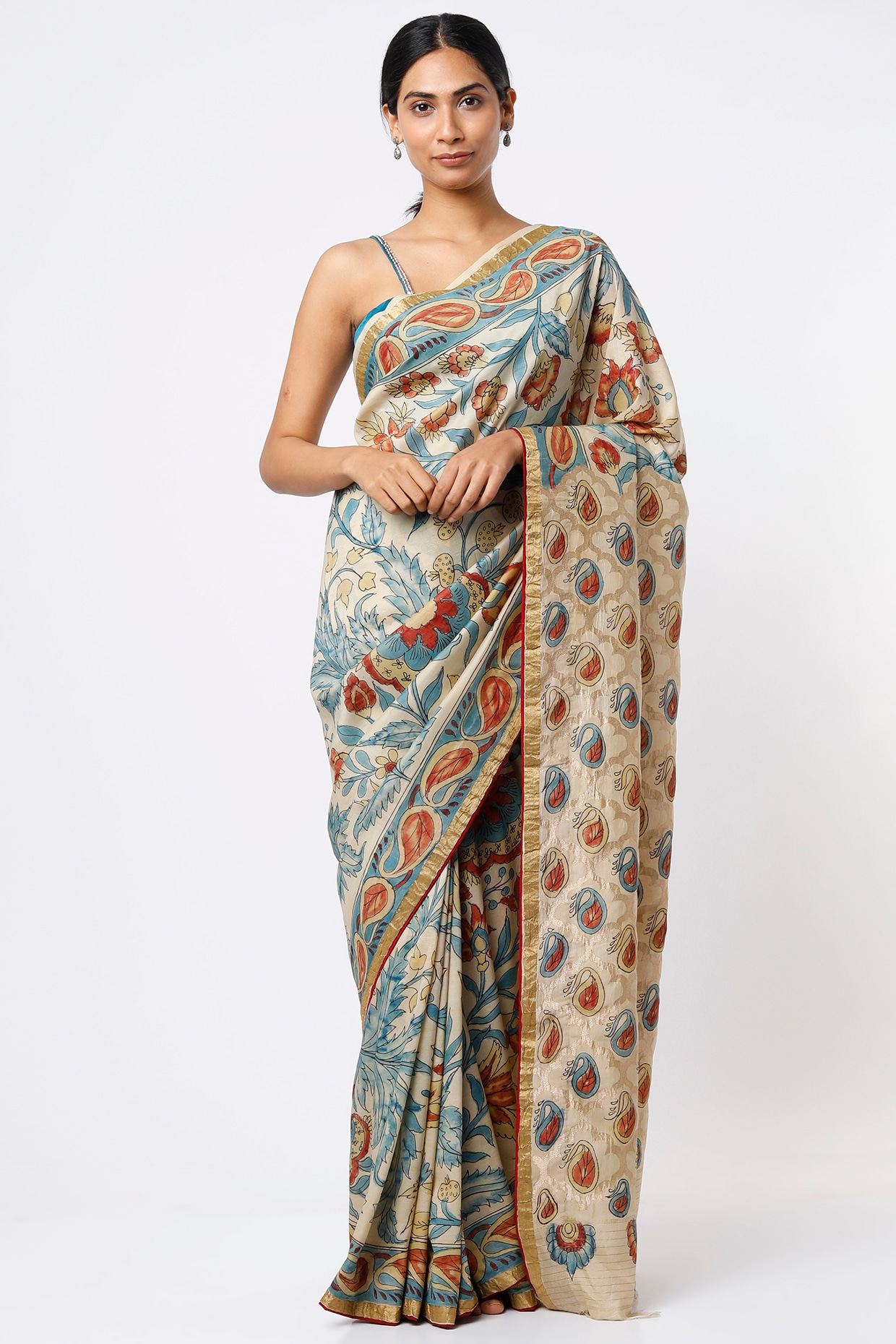 Red Chiniya Silk Kalamkari Saree – Ikkat Door