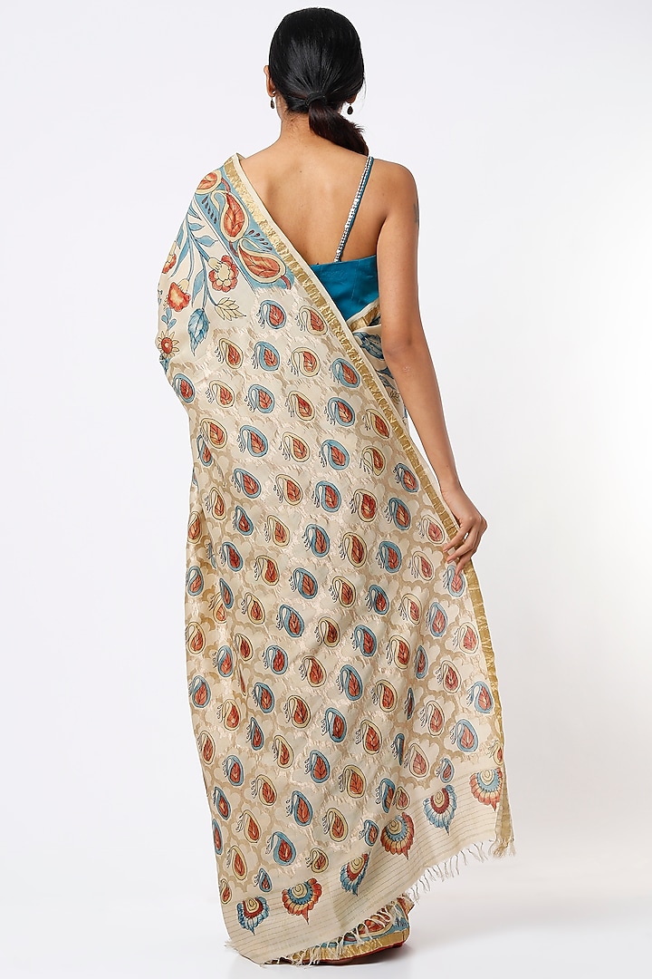 Dull Blue & Beige Banarasi Silk Hand Painted Kalamkari Wedding Saree Set by Kasturi Kundal at Pernia's Pop Up Shop