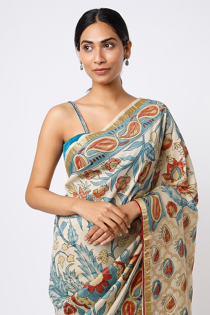 Dull Blue & Beige Banarasi Silk Hand Painted Kalamkari Wedding Saree Set by Kasturi Kundal at Pernia's Pop Up Shop