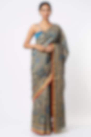 Grey Handloom Pure Tussar Silk Hand Painted Kalamkari Saree Set by Kasturi Kundal