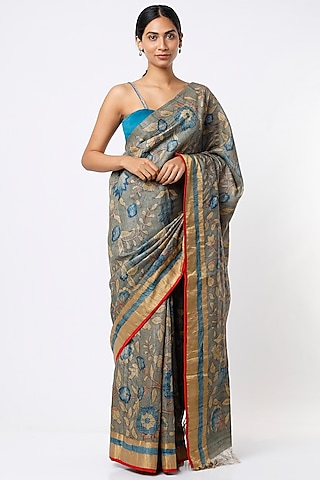Grey Handloom Pure Tussar Silk Hand Painted Kalamkari Saree Set by Kasturi Kundal
