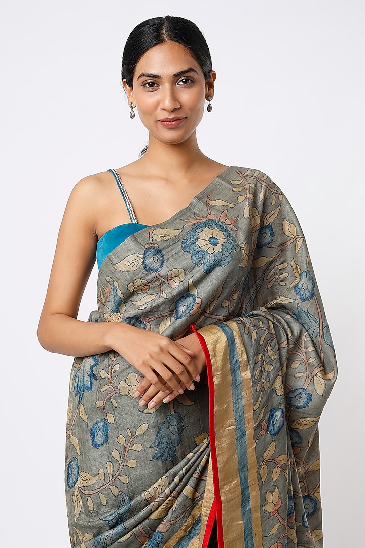Grey Handloom Pure Tussar Silk Hand Painted Kalamkari Wedding Saree Set by Kasturi Kundal at Pernia's Pop Up Shop