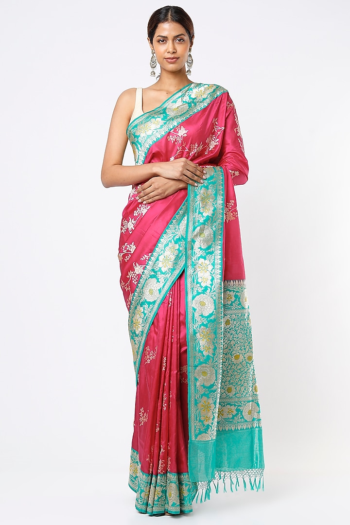 Fuchsia Handloom Banarasi Silk Wedding Saree Set by Kasturi Kundal at Pernia's Pop Up Shop