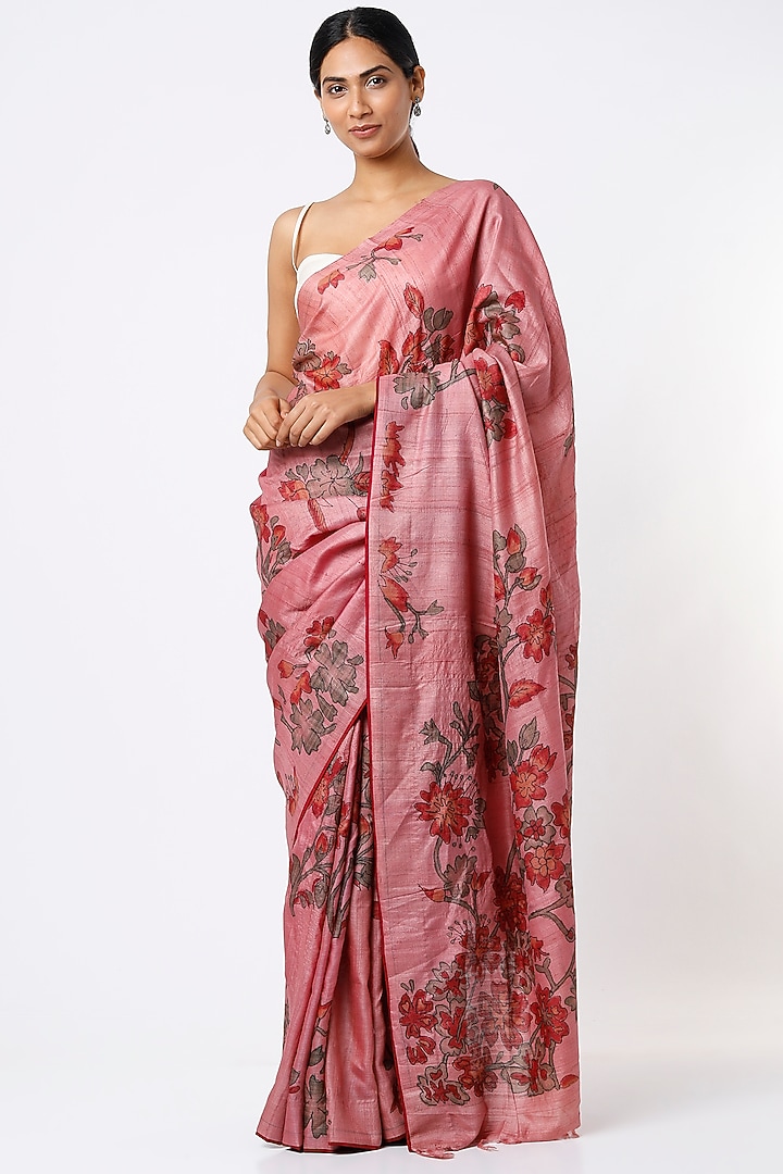 Blush Pink Handloom Tussar Silk Hand Painted Kalamkari Wedding Saree Set by Kasturi Kundal at Pernia's Pop Up Shop