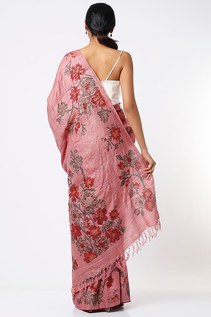 Blush Pink Handloom Tussar Silk Hand Painted Kalamkari Wedding Saree Set by Kasturi Kundal at Pernia's Pop Up Shop