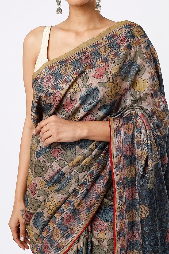 Multi Colored Pure Handloom Tussar Silk Hand Painted Wedding Saree Set by Kasturi Kundal at Pernia's Pop Up Shop