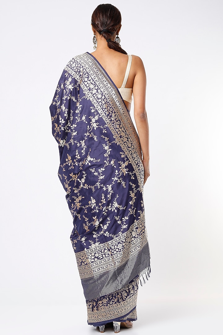 Indigo Reception Saree Set In Banarasi Silk by Kasturi Kundal at Pernia's Pop Up Shop
