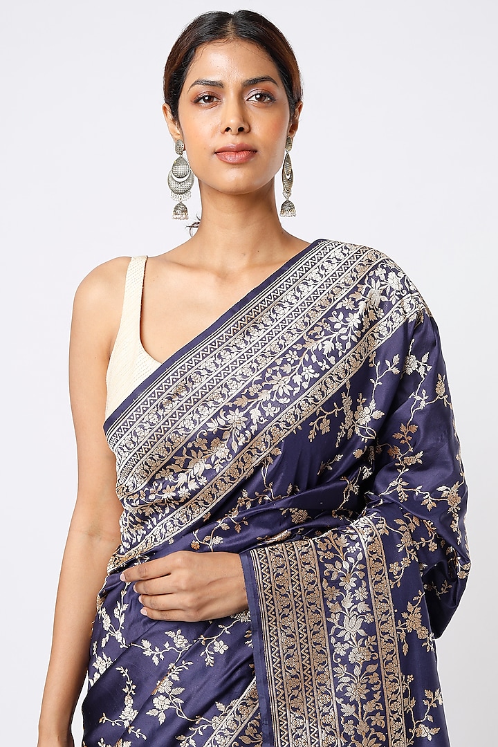 Indigo Reception Saree Set In Banarasi Silk by Kasturi Kundal at Pernia's Pop Up Shop