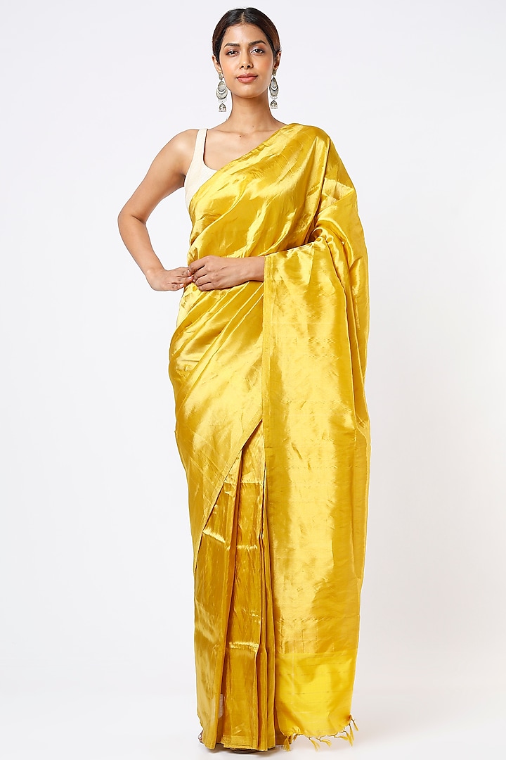 Yellow Pure Handloom Banarasi Silk & Tissue Saree Set by Kasturi Kundal
