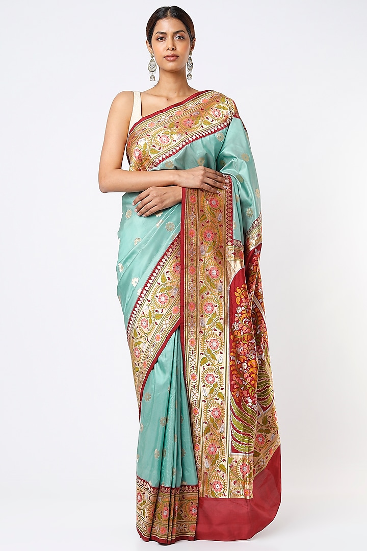 Turquoise Pure Banarasi Silk Saree Set by Kasturi Kundal at Pernia's Pop Up Shop