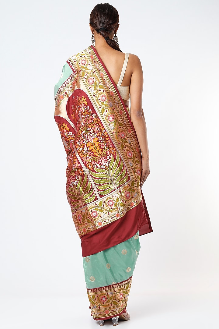 Turquoise Pure Banarasi Silk Wedding Saree Set by Kasturi Kundal at Pernia's Pop Up Shop
