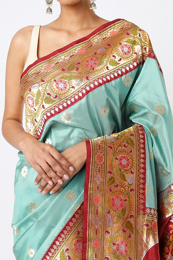 Turquoise Pure Banarasi Silk Wedding Saree Set by Kasturi Kundal at Pernia's Pop Up Shop