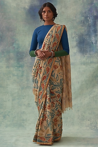 Beige Pure Banarasi Silk Hand Painted Kalamkari Saree by Kasturi Kundal
