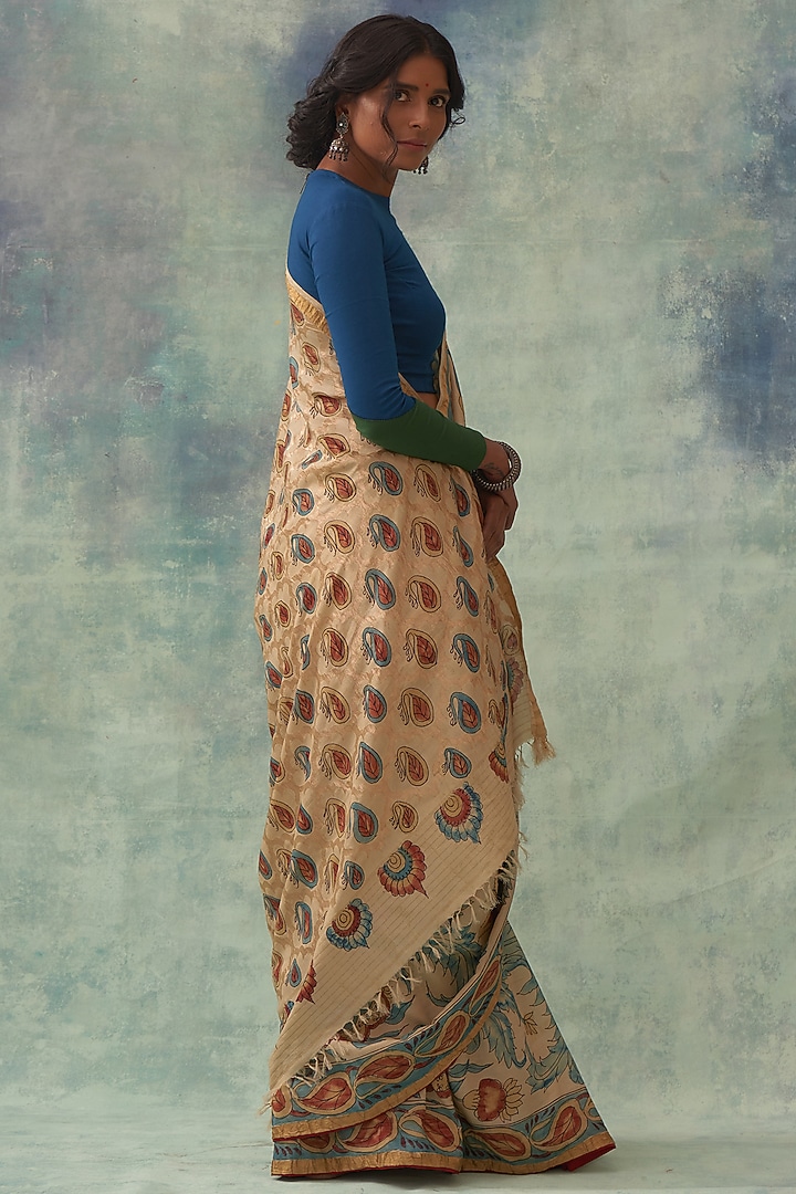 Beige Pure Banarasi Silk Hand Painted Kalamkari Wedding Saree by Kasturi Kundal at Pernia's Pop Up Shop