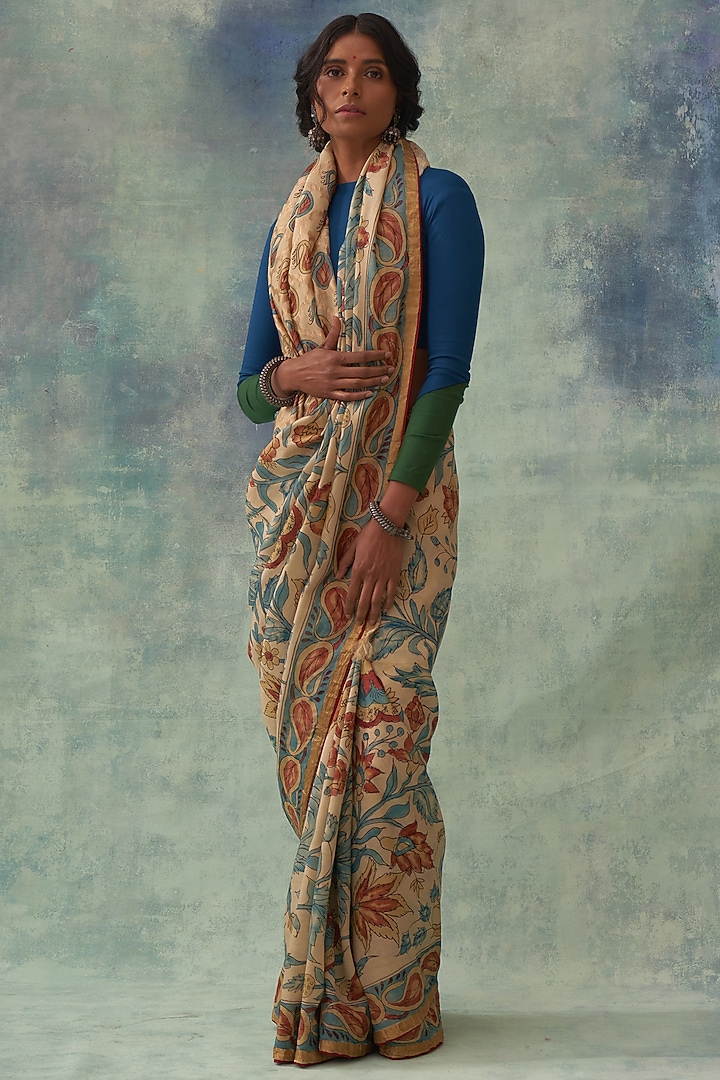 Beige Pure Banarasi Silk Hand Painted Kalamkari Wedding Saree by Kasturi Kundal at Pernia's Pop Up Shop