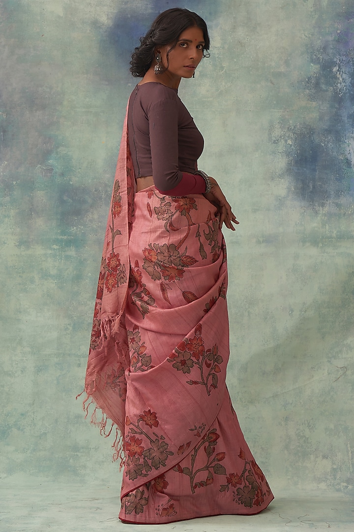 Pink Pure Tussar Silk Hand Painted Kalamkari Wedding Saree by Kasturi Kundal at Pernia's Pop Up Shop