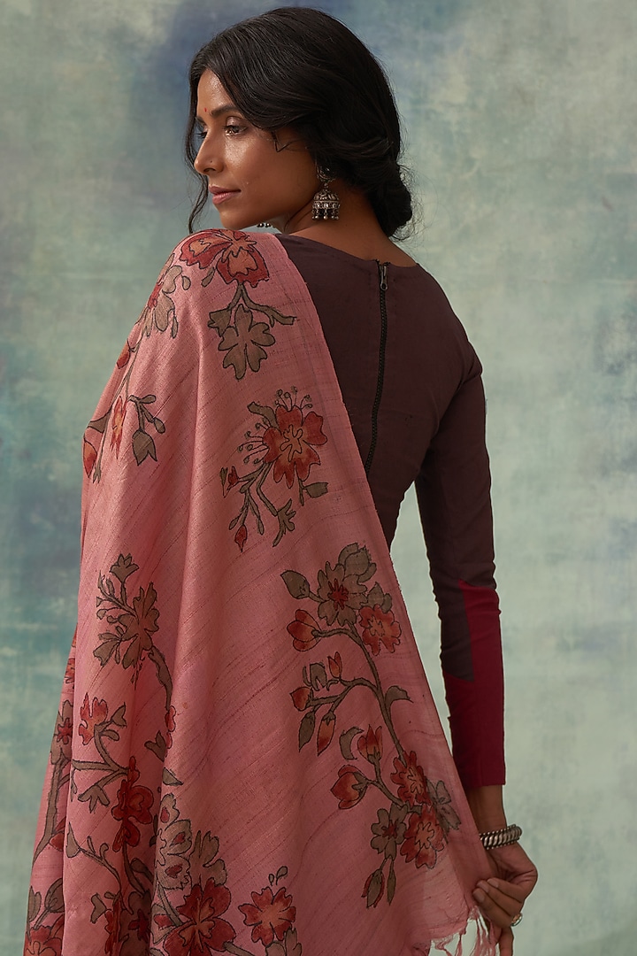 Pink Pure Tussar Silk Hand Painted Kalamkari Wedding Saree by Kasturi Kundal at Pernia's Pop Up Shop