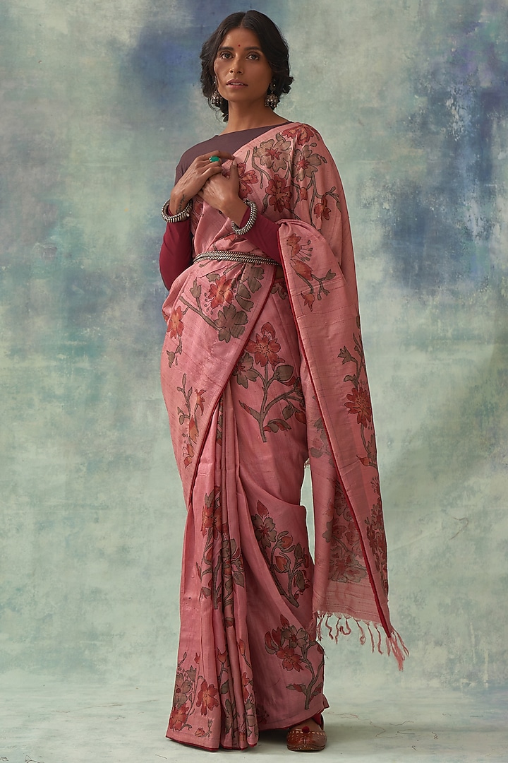Pink Pure Tussar Silk Hand Painted Kalamkari Wedding Saree by Kasturi Kundal at Pernia's Pop Up Shop