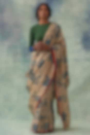 Beige Hand Painted Kalamkari Saree Set by Kasturi Kundal