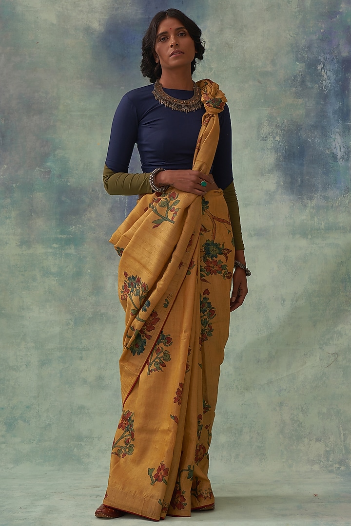 Yellow Pure Tussar Silk Handpainted Kalamkari Wedding Saree by Kasturi Kundal at Pernia's Pop Up Shop