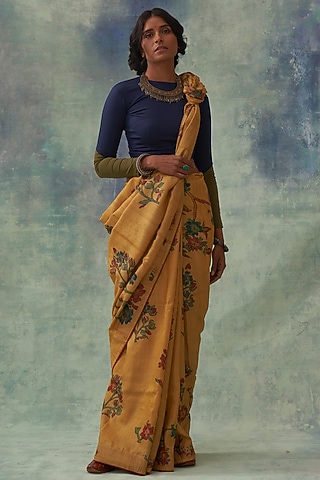 Yellow Pure Tussar Silk Handpainted Kalamkari Saree by Kasturi Kundal
