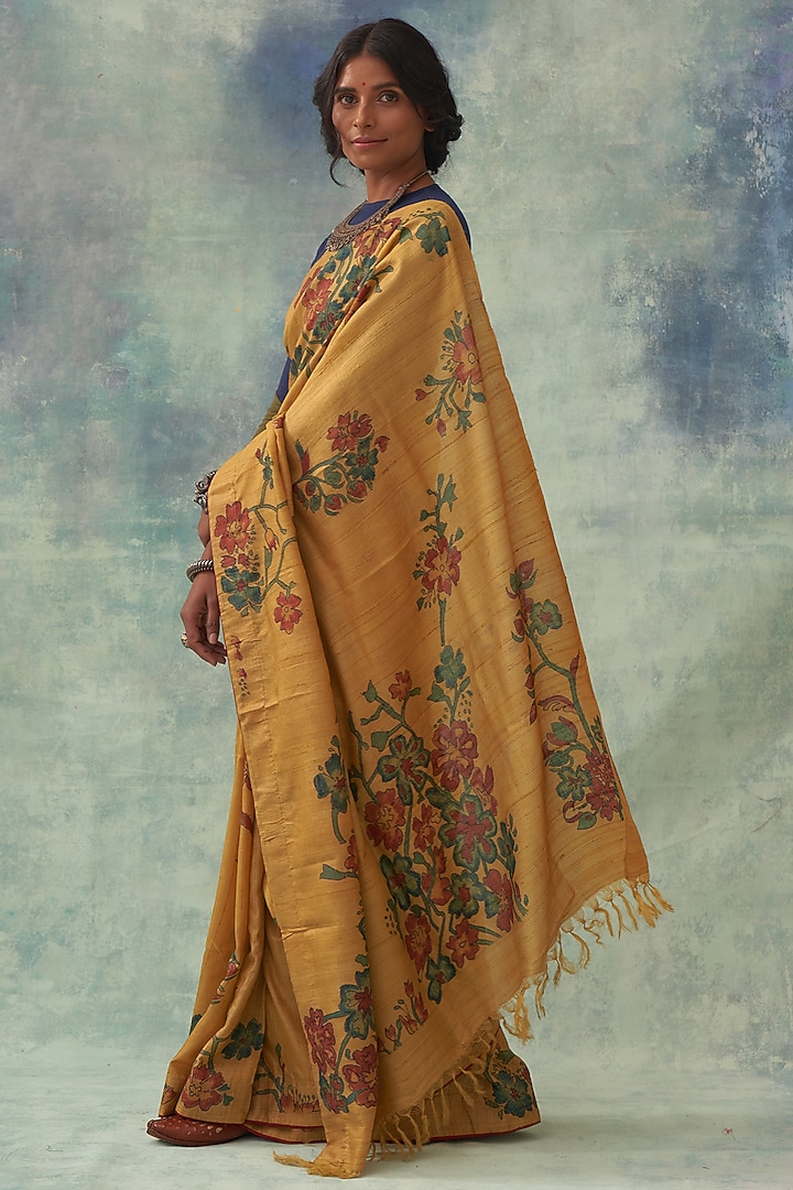 Yellow Pure Tussar Silk Handpainted Kalamkari Wedding Saree by Kasturi Kundal at Pernia's Pop Up Shop