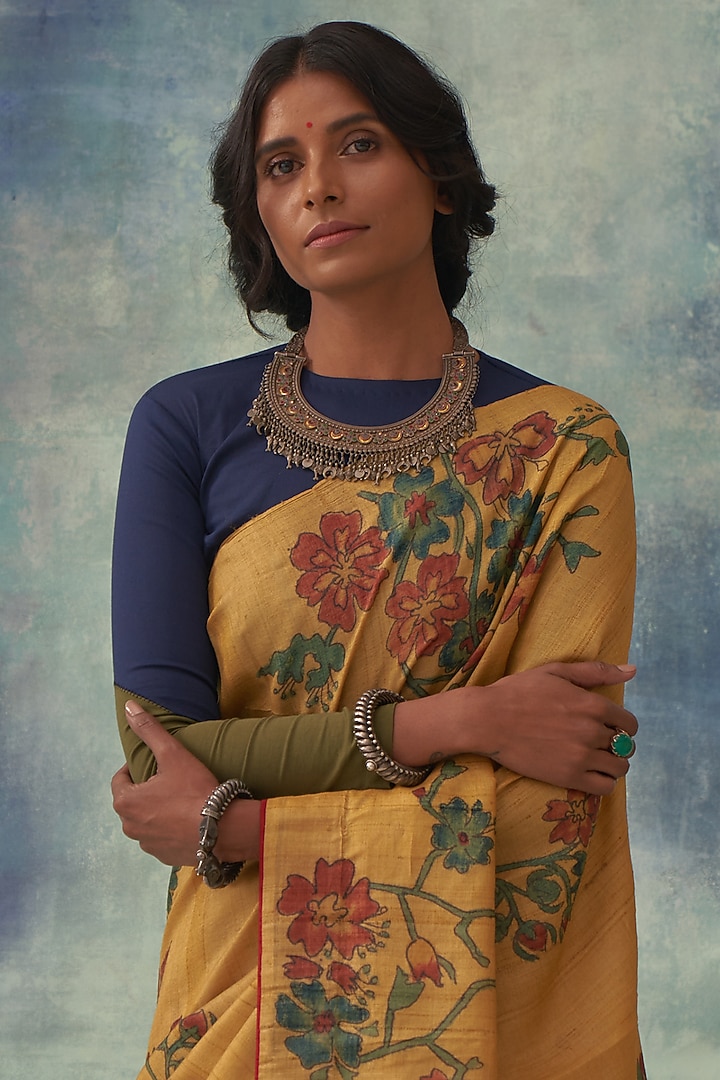 Yellow Pure Tussar Silk Handpainted Kalamkari Wedding Saree by Kasturi Kundal at Pernia's Pop Up Shop