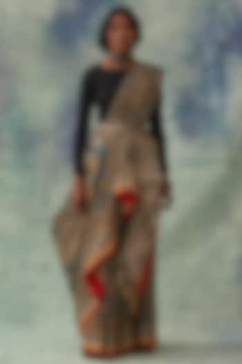 Grey Pure Tussar Silk Hand Painted Kalamkari Wedding Saree by Kasturi Kundal at Pernia's Pop Up Shop