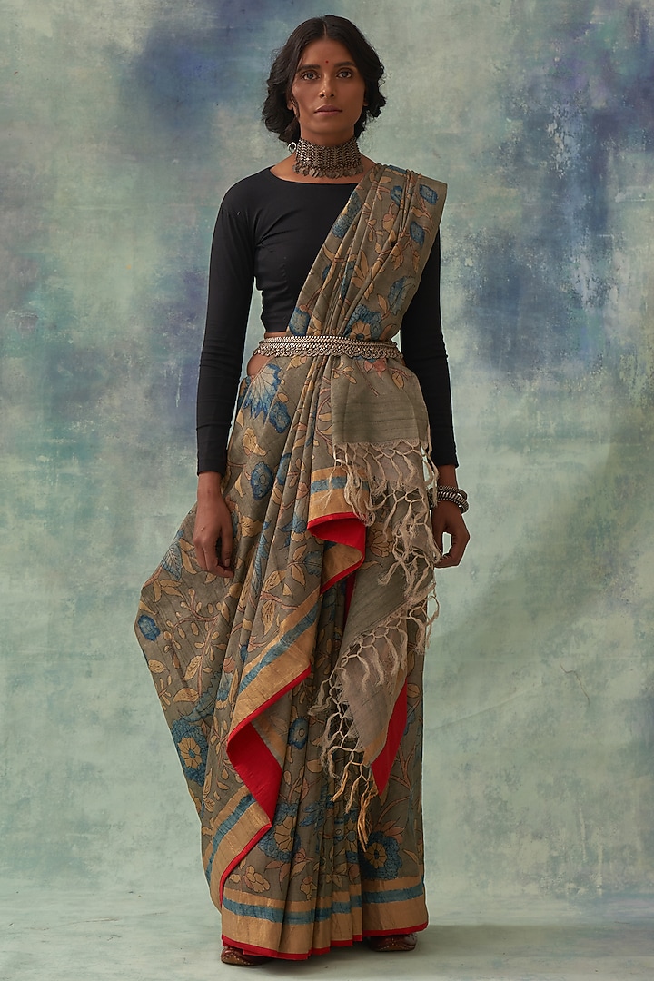 Grey Pure Tussar Silk Hand Painted Kalamkari Wedding Saree by Kasturi Kundal at Pernia's Pop Up Shop