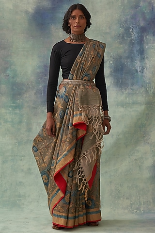 Grey Pure Tussar Silk Hand Painted Kalamkari Saree by Kasturi Kundal