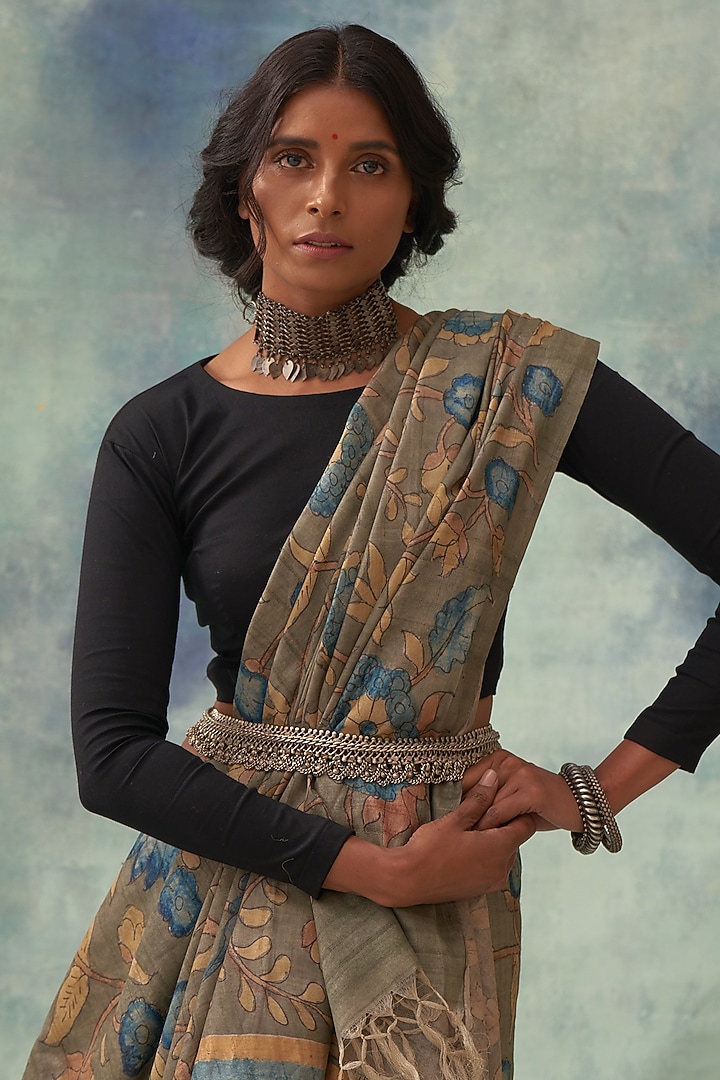 Grey Pure Tussar Silk Hand Painted Kalamkari Wedding Saree by Kasturi Kundal at Pernia's Pop Up Shop