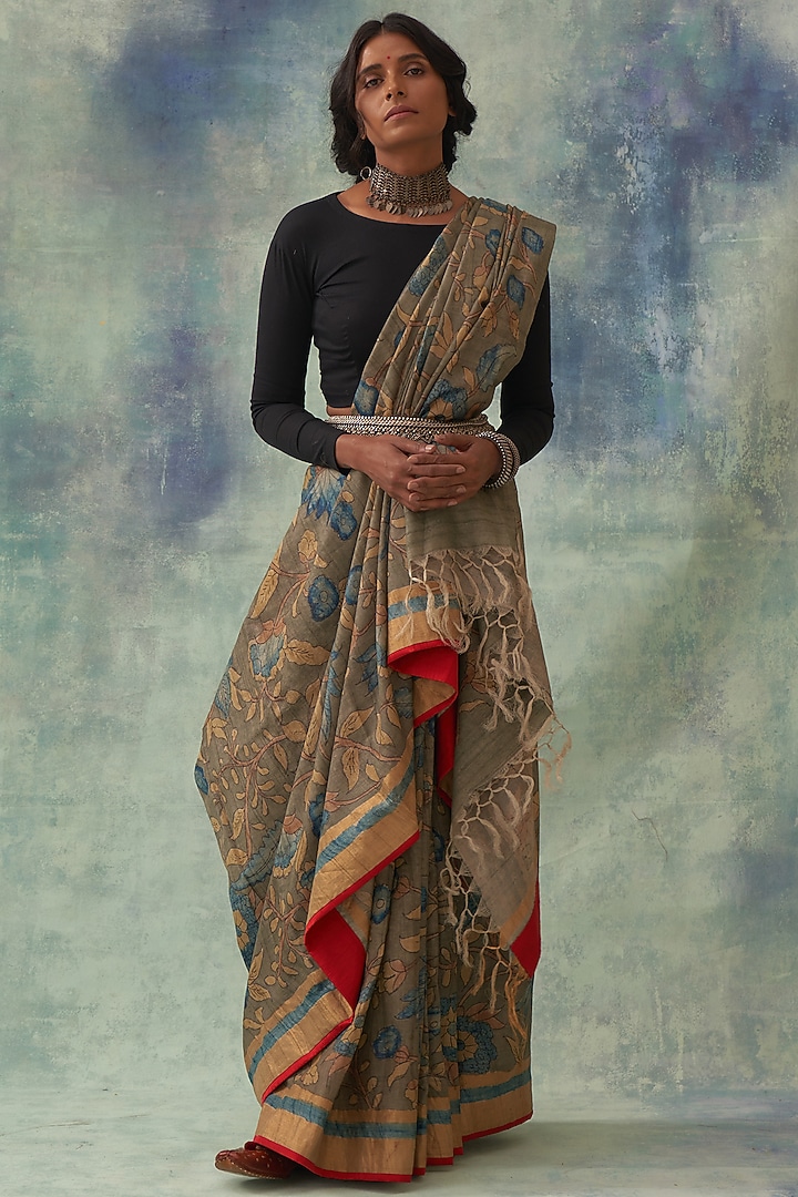 Grey Pure Tussar Silk Hand Painted Kalamkari Wedding Saree by Kasturi Kundal at Pernia's Pop Up Shop