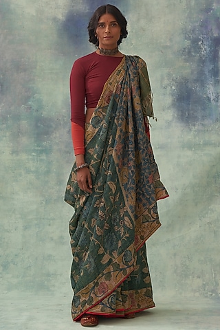 Green Pure Tussar Silk Hand Painted Kalamkari Saree by Kasturi Kundal