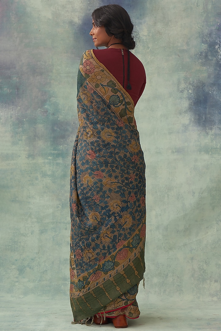 Green Pure Tussar Silk Hand Painted Kalamkari Wedding Saree by Kasturi Kundal at Pernia's Pop Up Shop