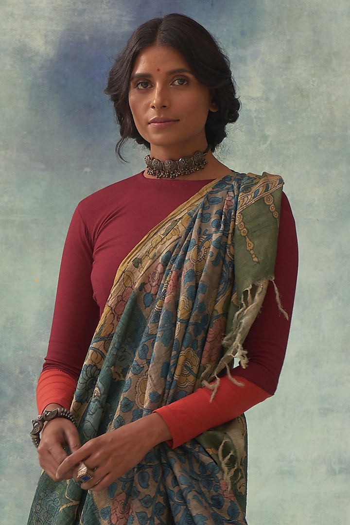 Green Pure Tussar Silk Hand Painted Kalamkari Wedding Saree by Kasturi Kundal at Pernia's Pop Up Shop
