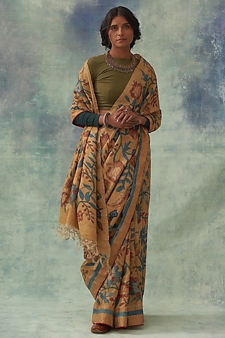 Yellow Pure Banarasi Silk Handpainted Kalamkari Saree by Kasturi Kundal