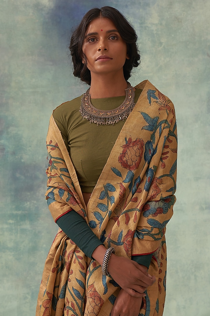 Yellow Pure Banarasi Silk Handpainted Kalamkari Wedding Saree by Kasturi Kundal at Pernia's Pop Up Shop