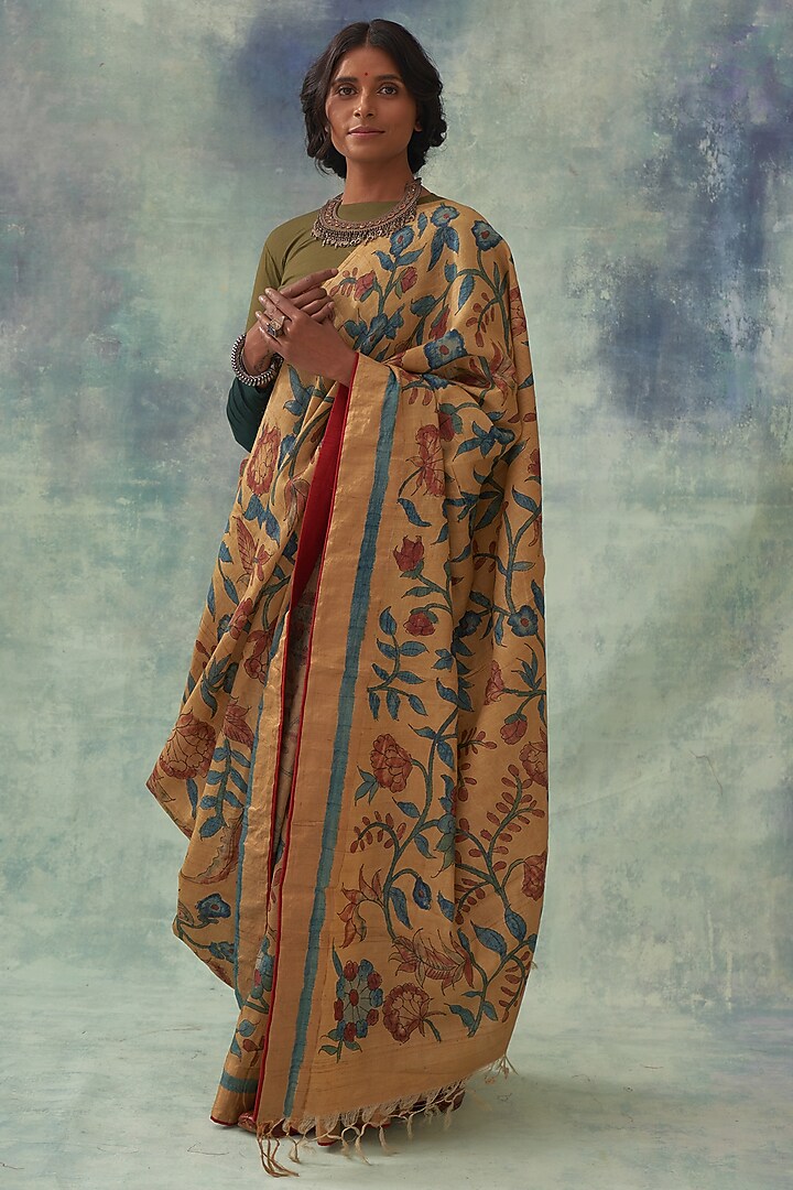 Yellow Pure Banarasi Silk Handpainted Kalamkari Wedding Saree by Kasturi Kundal at Pernia's Pop Up Shop