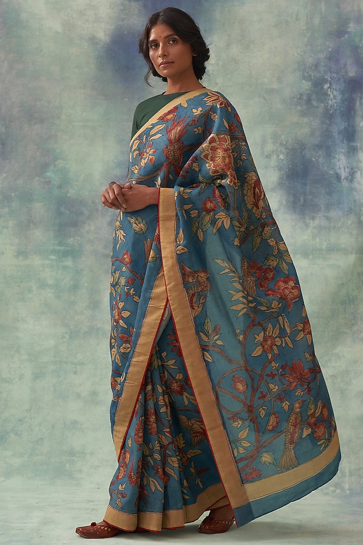 Indigo Hand Painted Wedding Saree Set by Kasturi Kundal at Pernia's Pop Up Shop