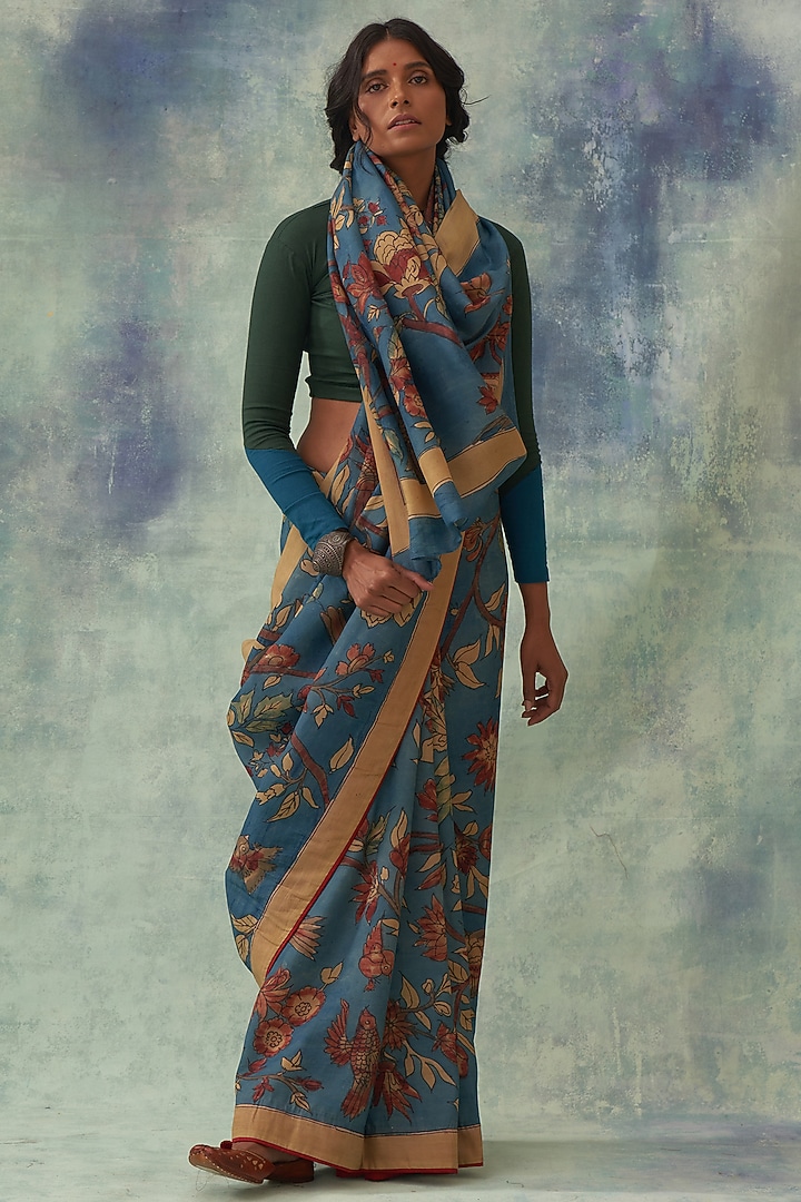 Indigo Hand Painted Wedding Saree Set by Kasturi Kundal at Pernia's Pop Up Shop